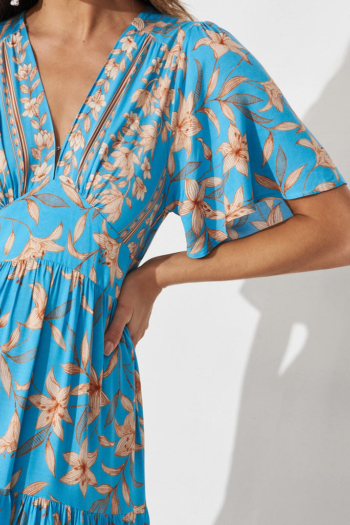 Manila Maxi Dress In Blue With Beige Boho Floral - detail