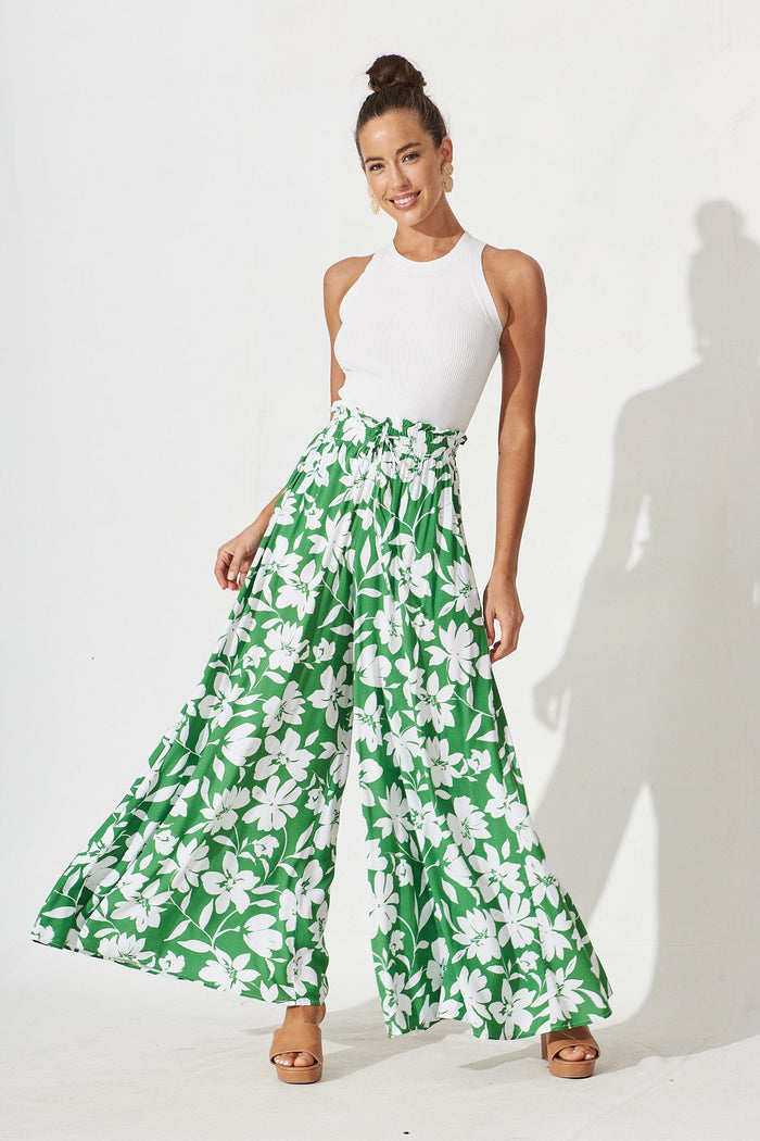 Mariah Pants In Green With White Floral - full length