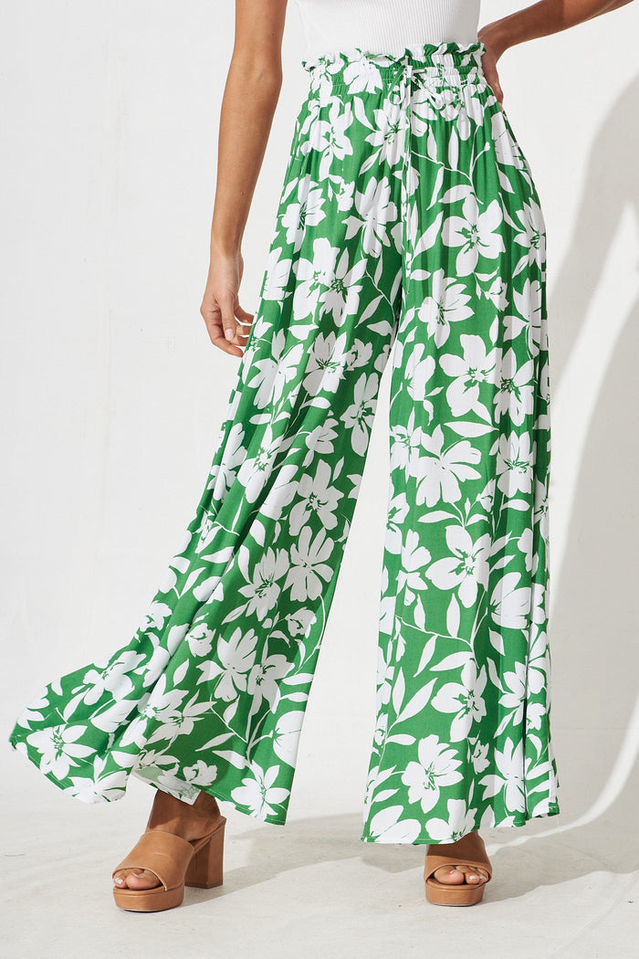 Mariah Pants In Green With White Floral - front