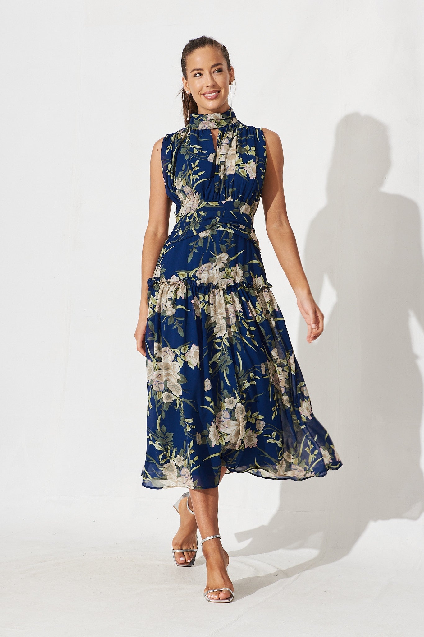Roxanna Midi Dress In Navy With Beige Floral Chiffon - full length