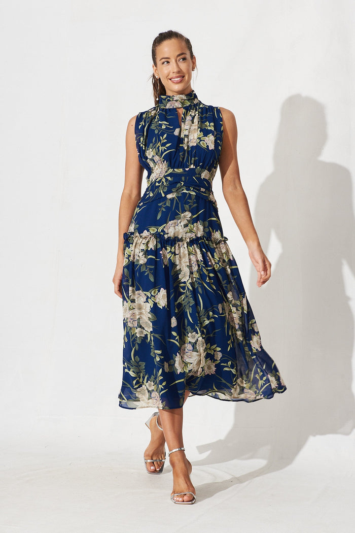 Roxanna Midi Dress In Navy With Beige Floral Chiffon - full length
