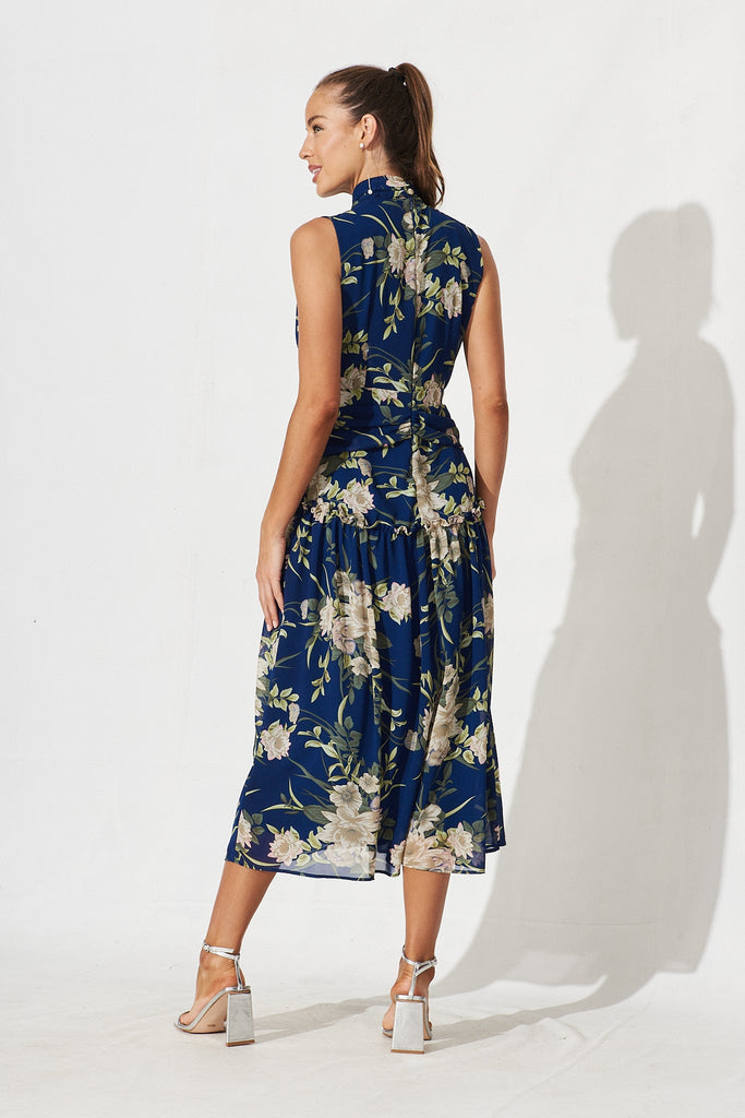 Roxanna Midi Dress In Navy With Beige Floral Chiffon - back