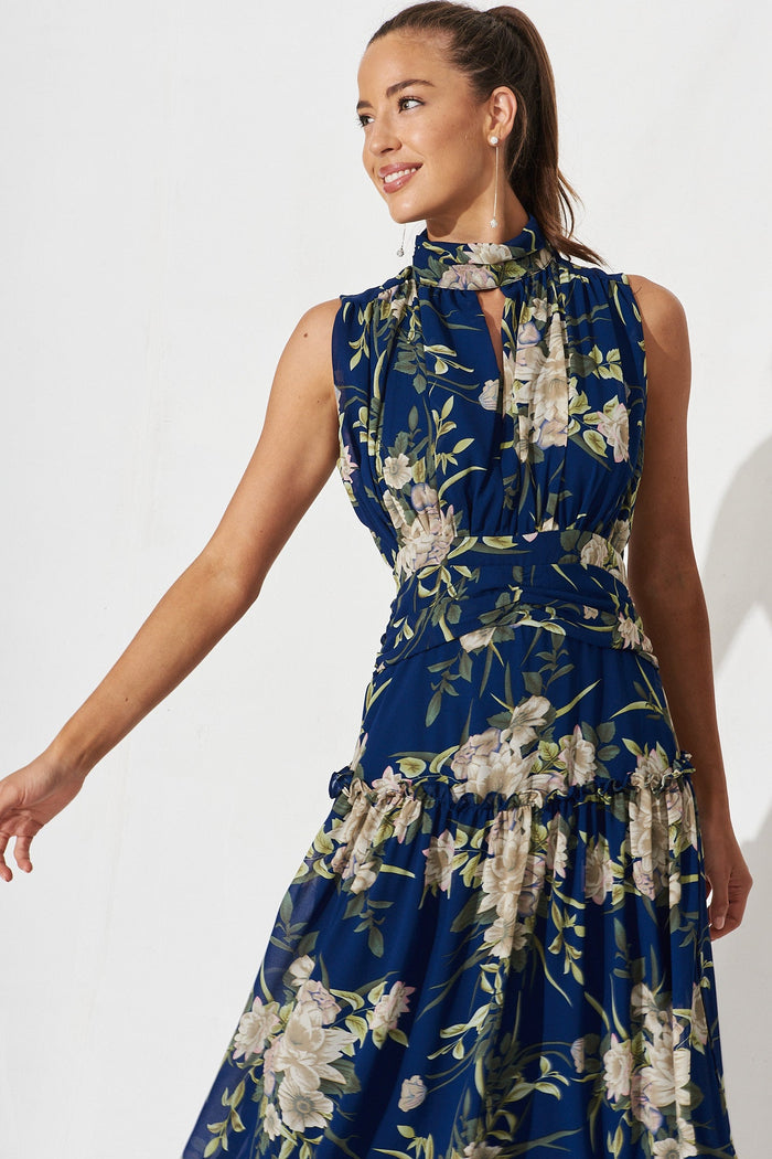 Roxanna Midi Dress In Navy With Beige Floral Chiffon - front