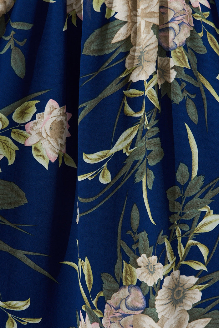 Roxanna Midi Dress In Navy With Beige Floral Chiffon - fabric