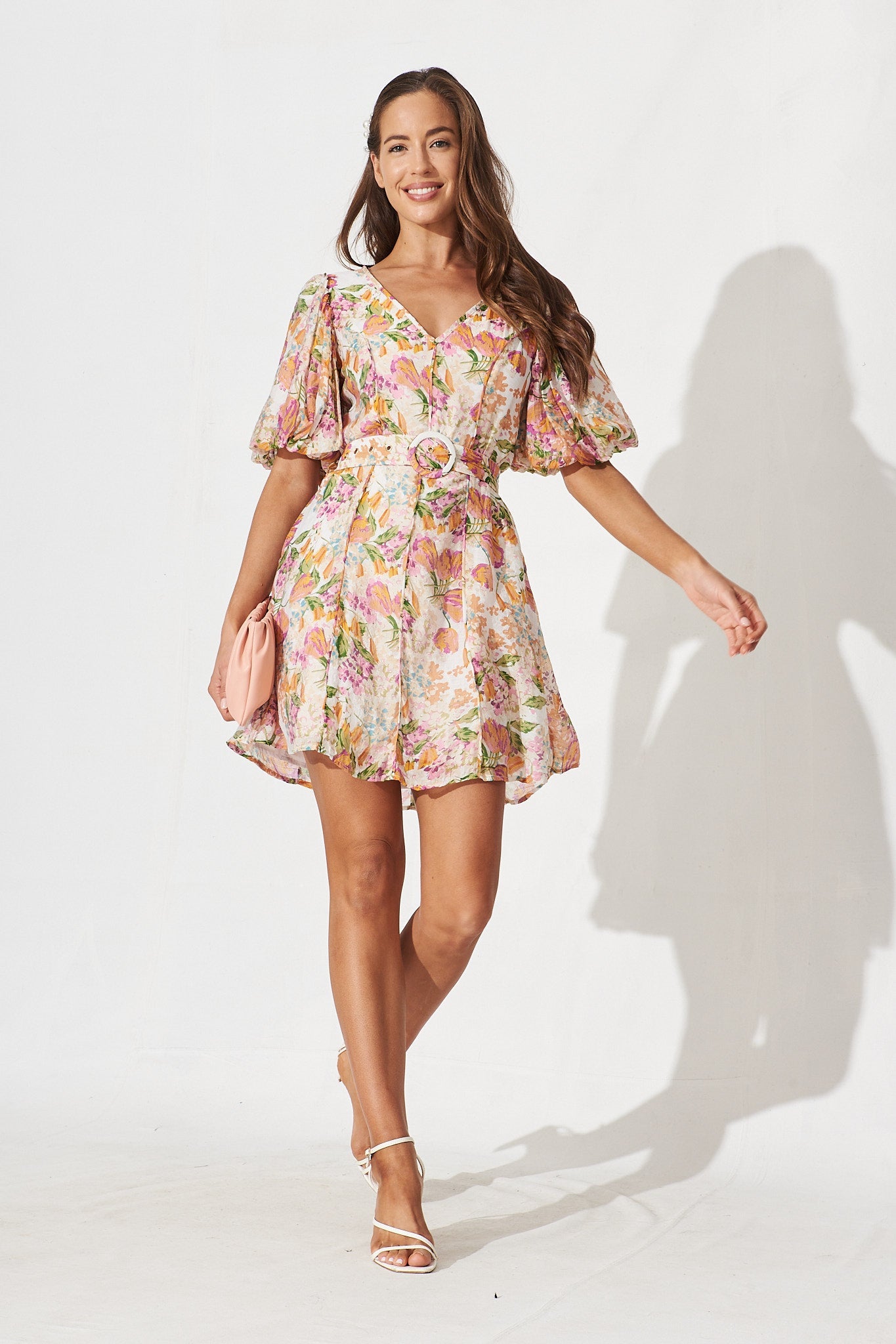 Georgia Dress In Beige With Tangerine Floral - full length