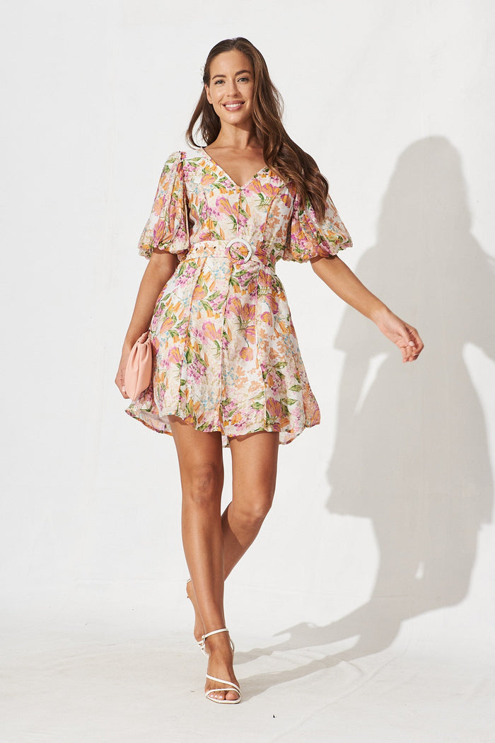 Georgia Dress In Beige With Tangerine Floral - full length