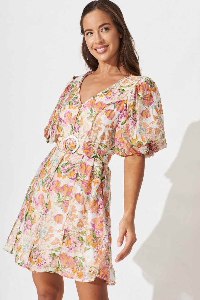 Georgia Dress In Beige With Tangerine Floral - front