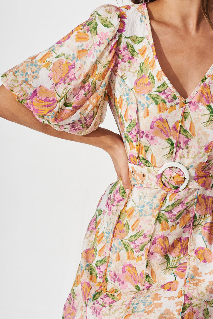 Georgia Dress In Beige With Tangerine Floral - detail