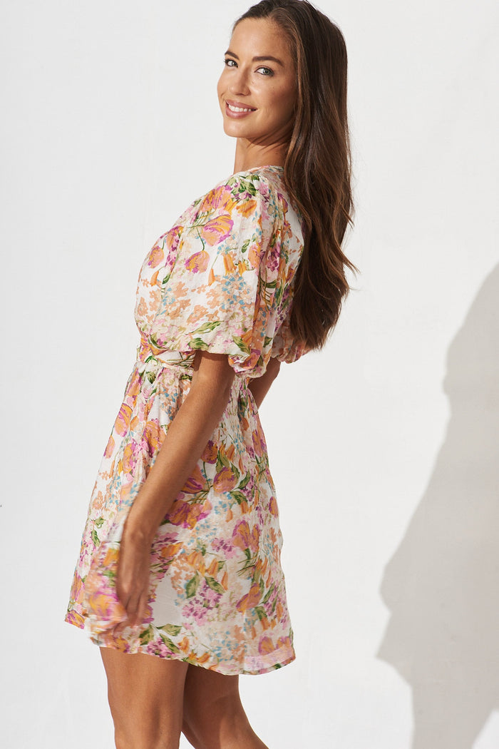 Georgia Dress In Beige With Tangerine Floral - side