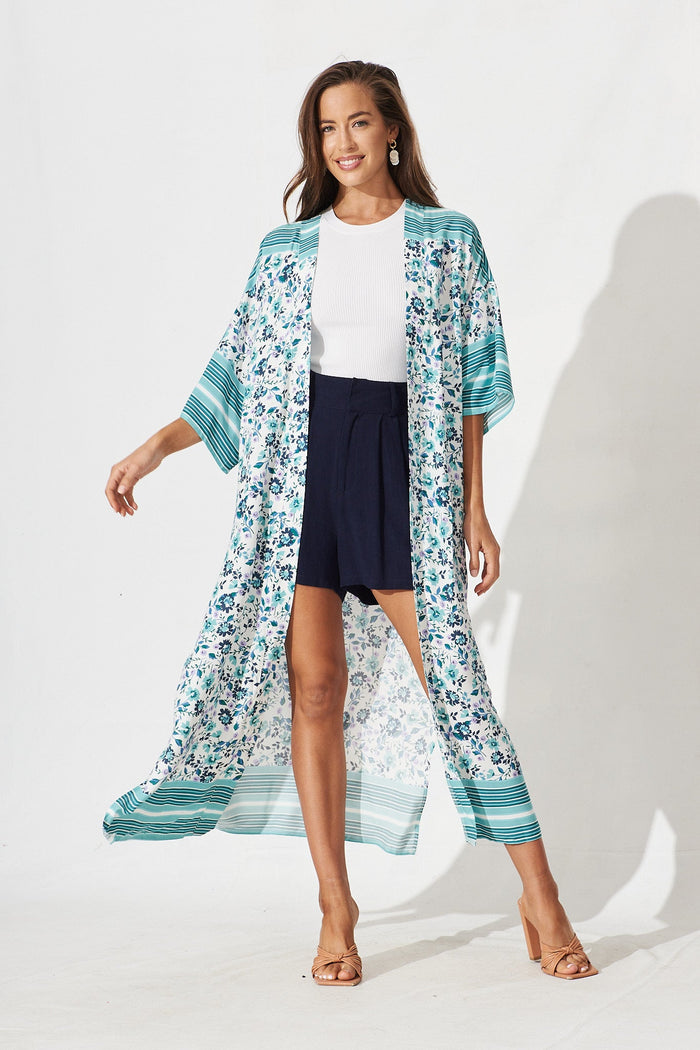 Darcie Cape In Green With White Boho Floral - full length