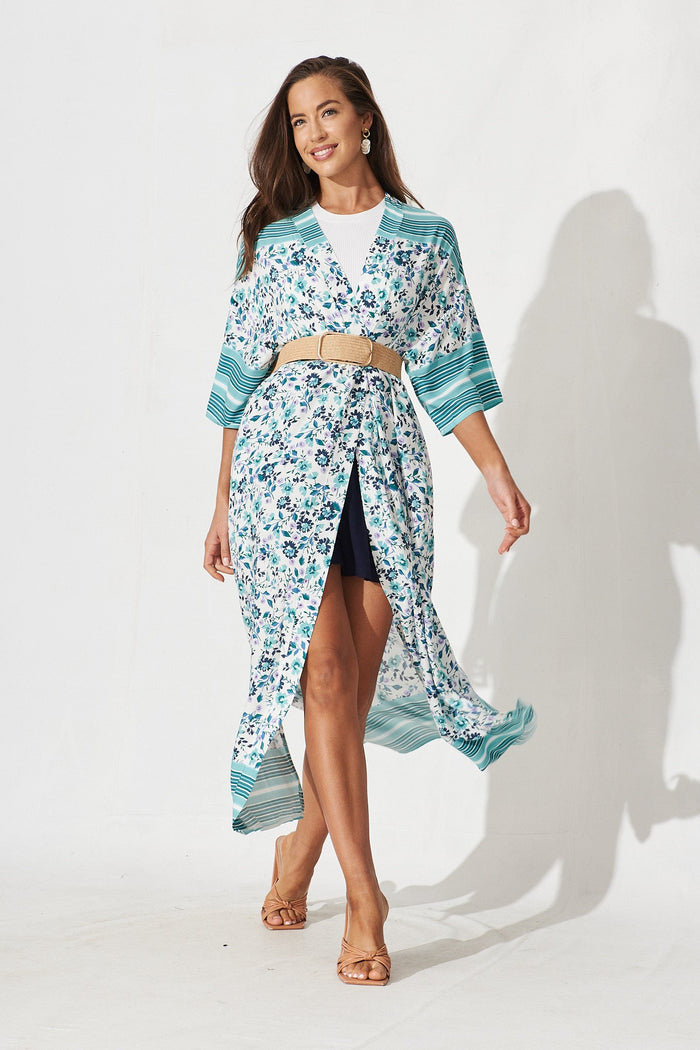Darcie Cape In Green With White Boho Floral - full length