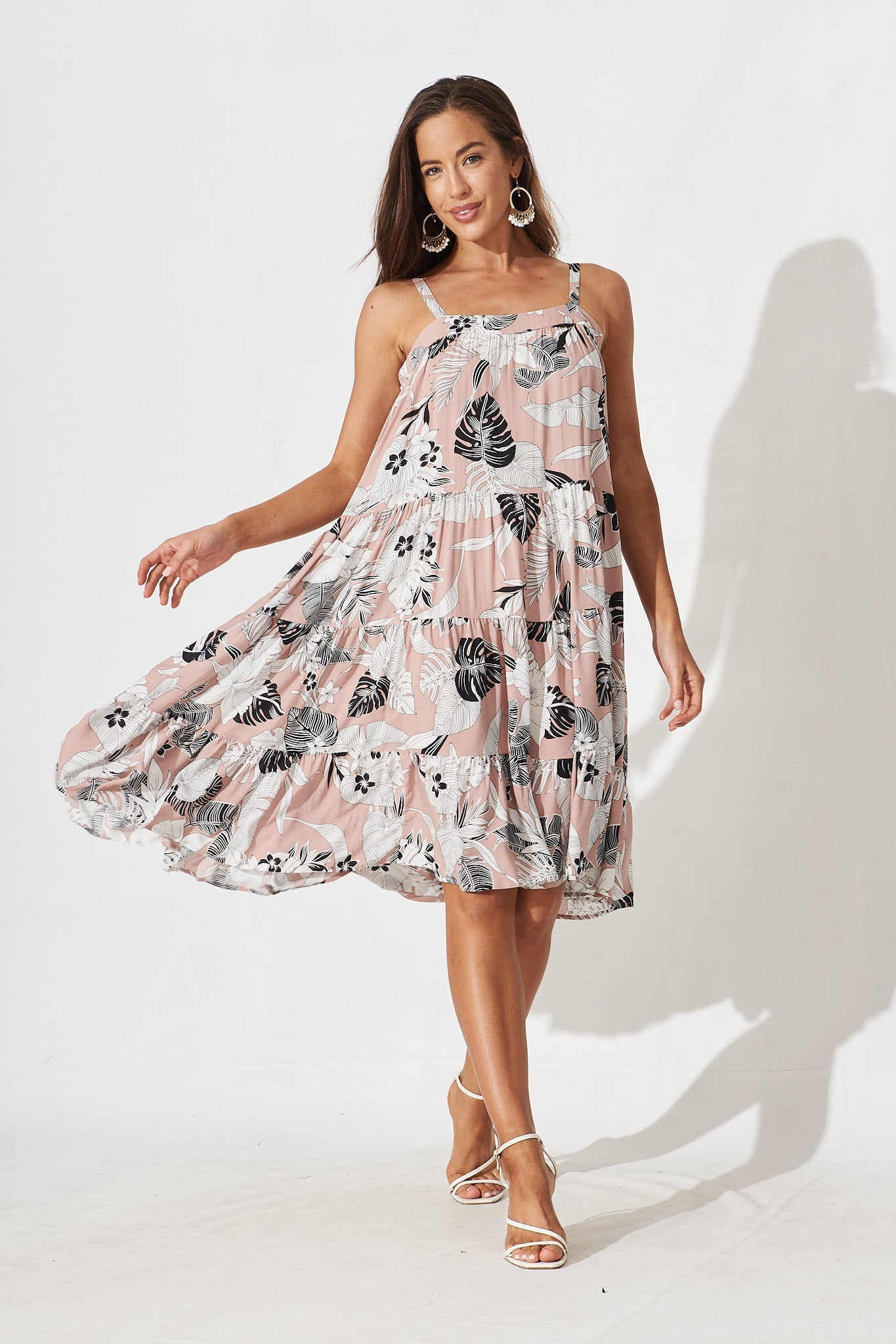 Sunderland Midi Dress In Pink With Black White Floral - full length