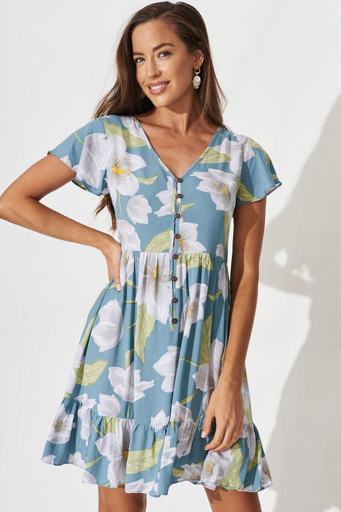 Wells Dress In Sage With White Floral - front