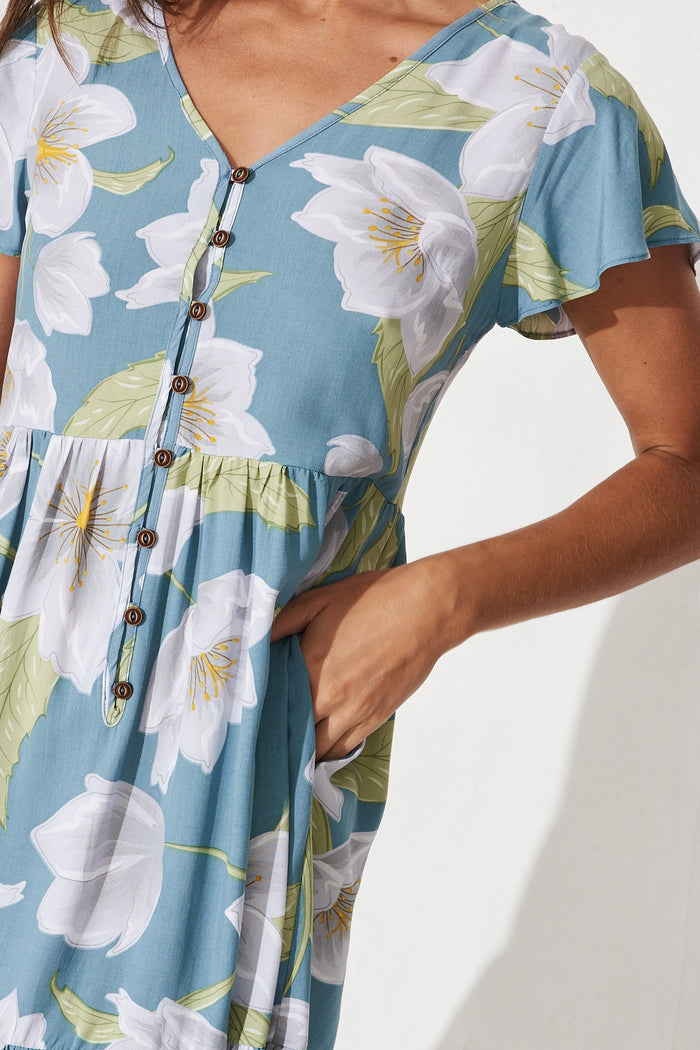 Wells Dress In Sage With White Floral - detail