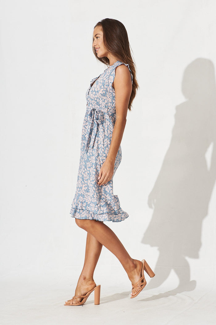 Wolverhampton Midi Dress In Blue With Pink Disty Floral - side