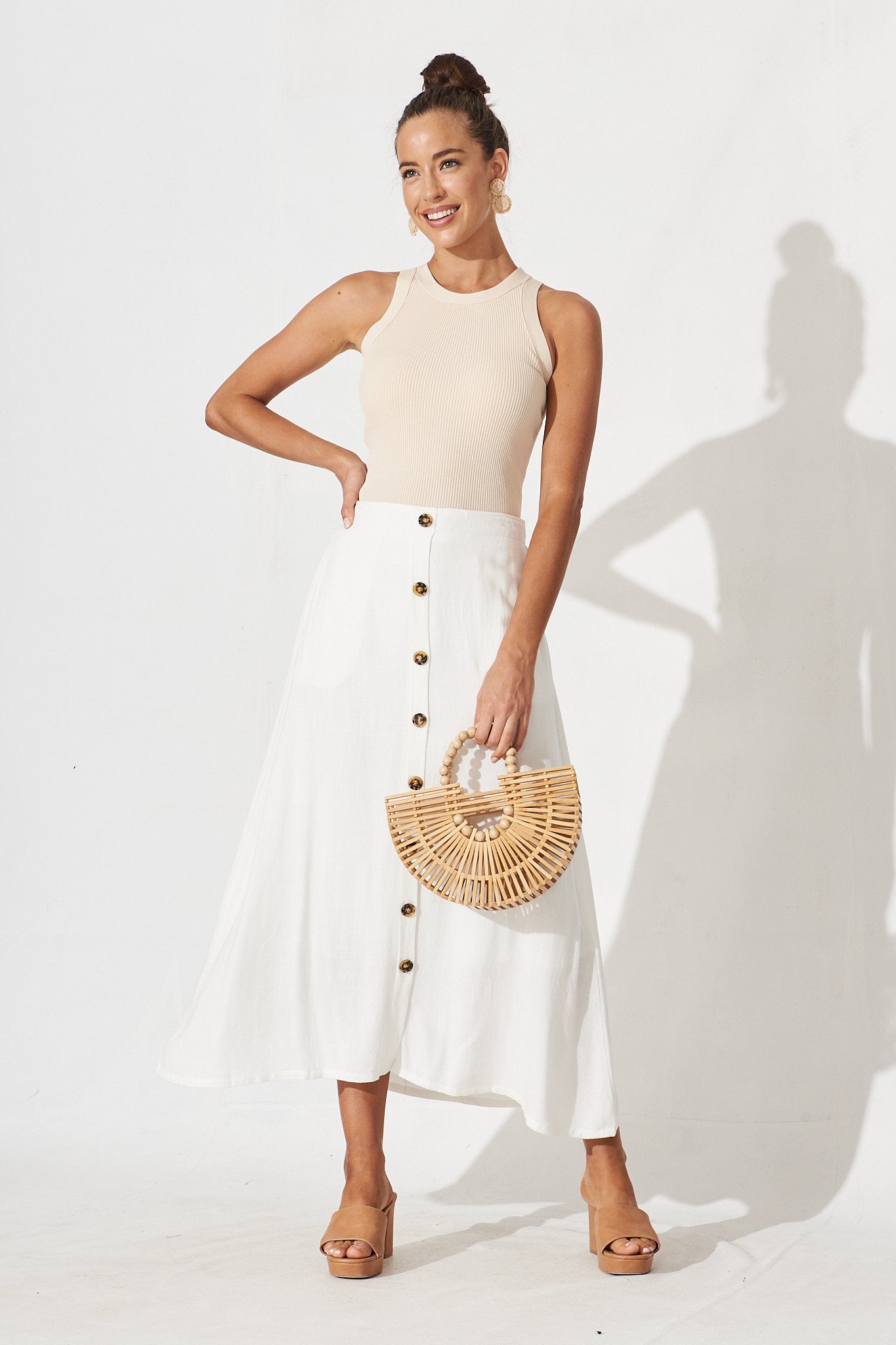 Moree Midi Skirt In White Linen Blend - full length