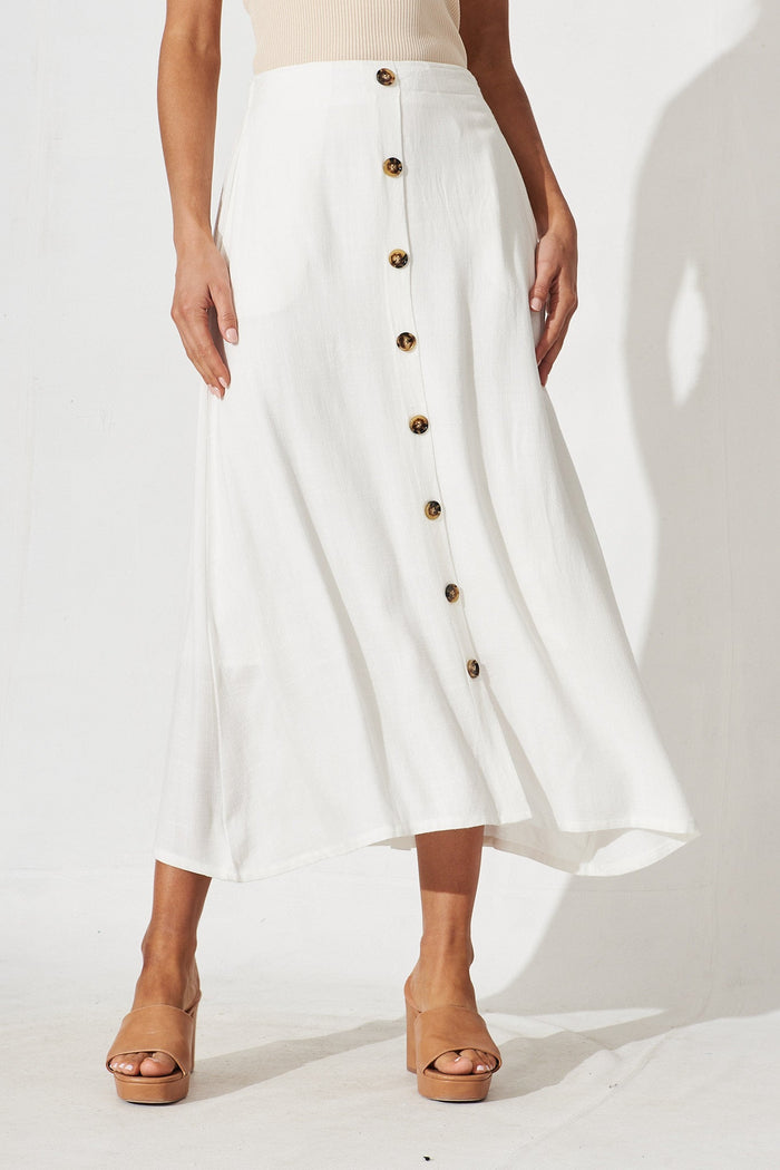 Moree Midi Skirt In White Linen Blend - front