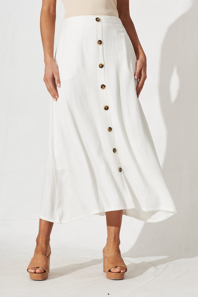 Moree Midi Skirt In White Linen Blend - front
