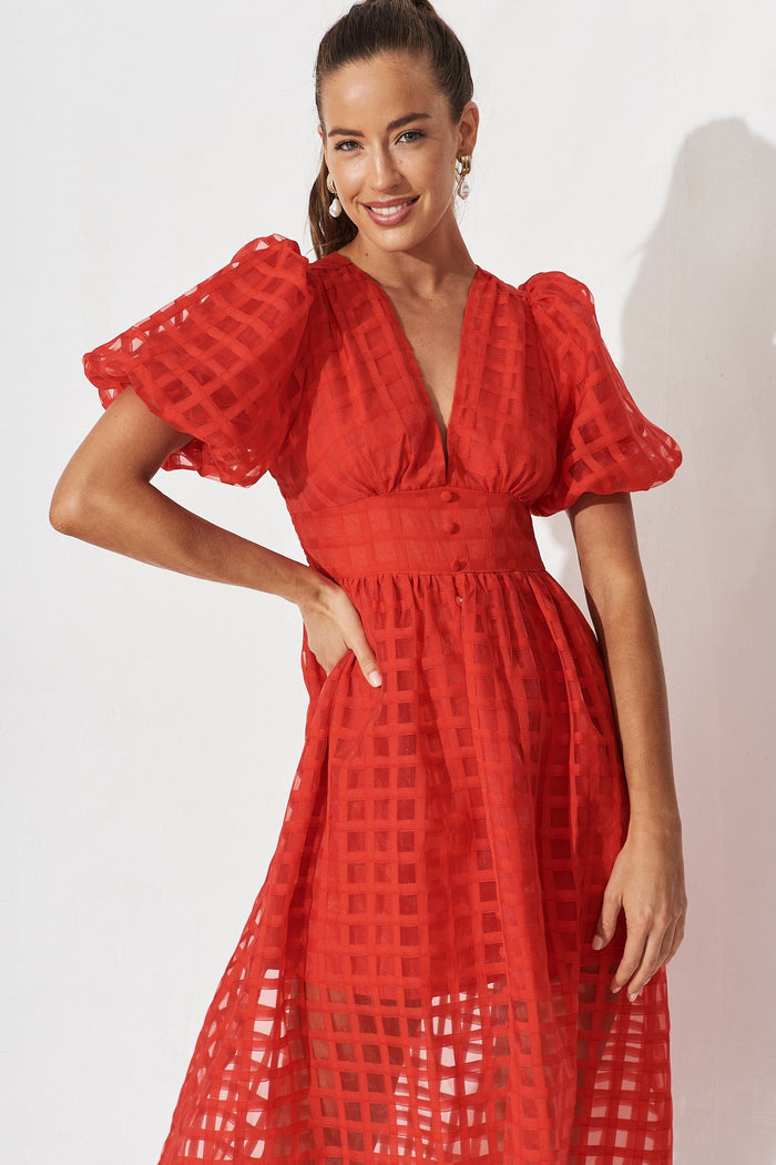 Destiny Midi Dress In Red Organza - front