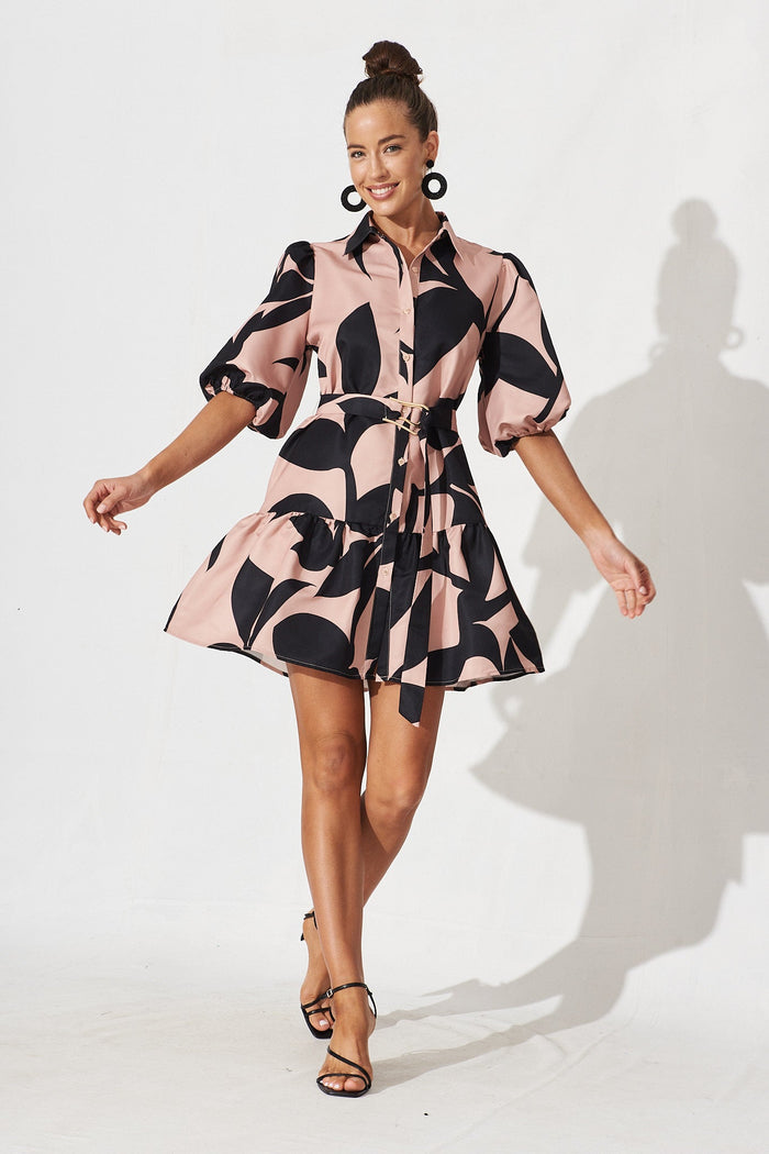 Janae Shirt Dress In Brown With Black Print - full length