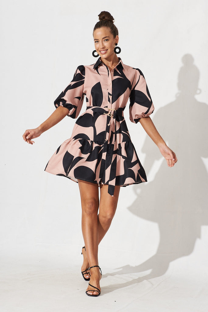 Janae Shirt Dress In Brown With Black Print - full length