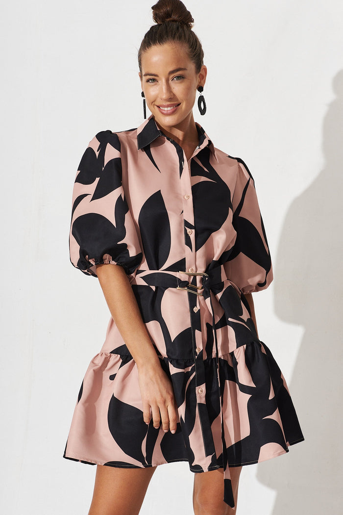 Janae Shirt Dress In Brown With Black Print - front