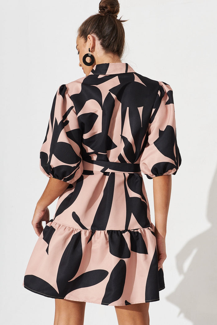 Janae Shirt Dress In Brown With Black Print - back