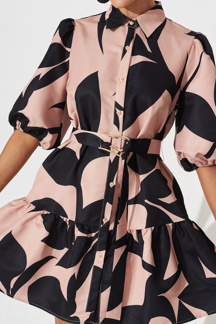 Janae Shirt Dress In Brown With Black Print - detail