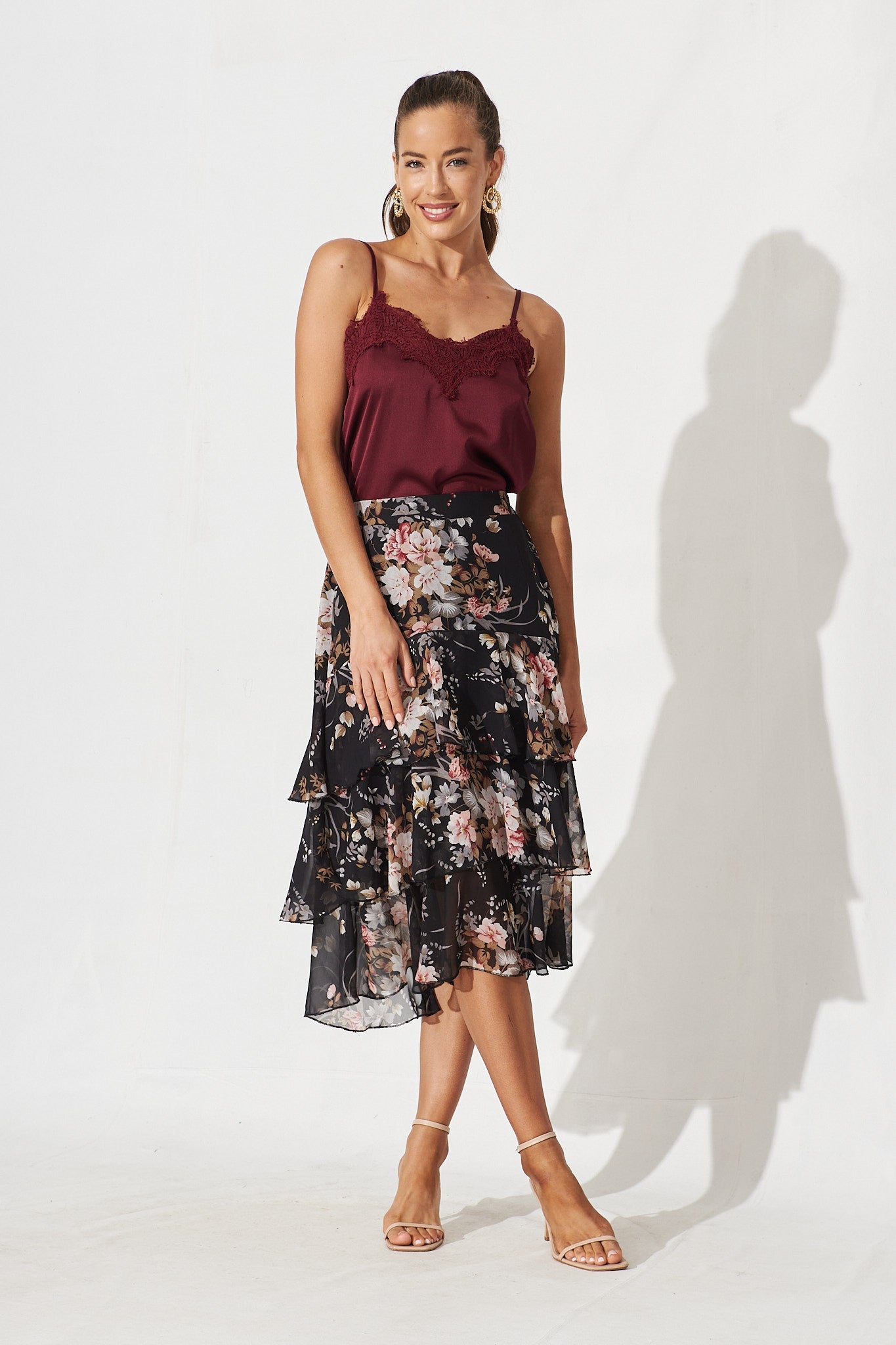 Monza Midi Skirt In Black Floral Chiffon - full length