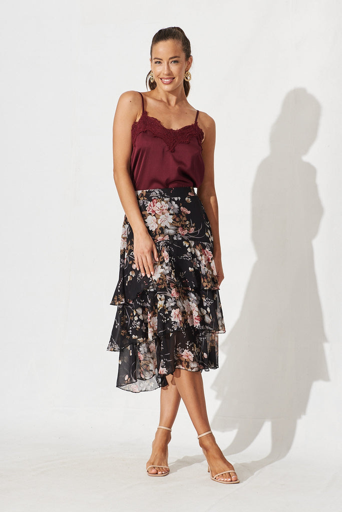 Monza Midi Skirt In Black Floral Chiffon - full length