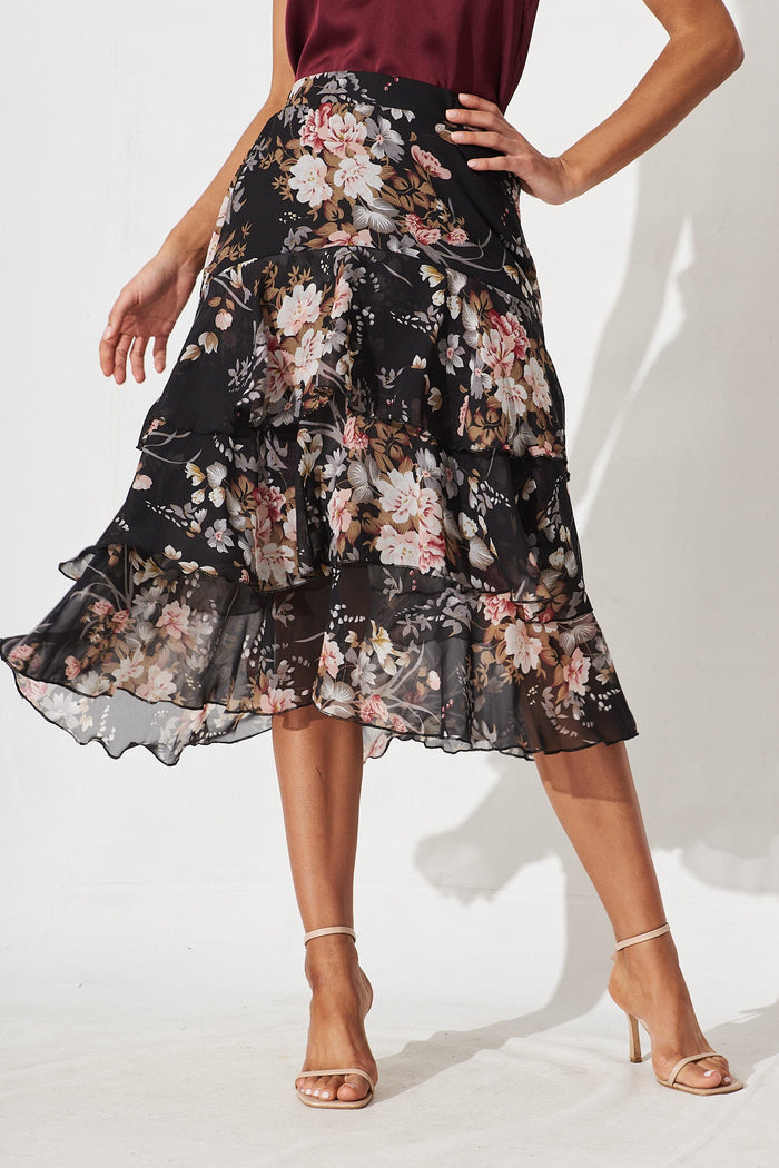 Monza Midi Skirt In Black Floral Chiffon - front
