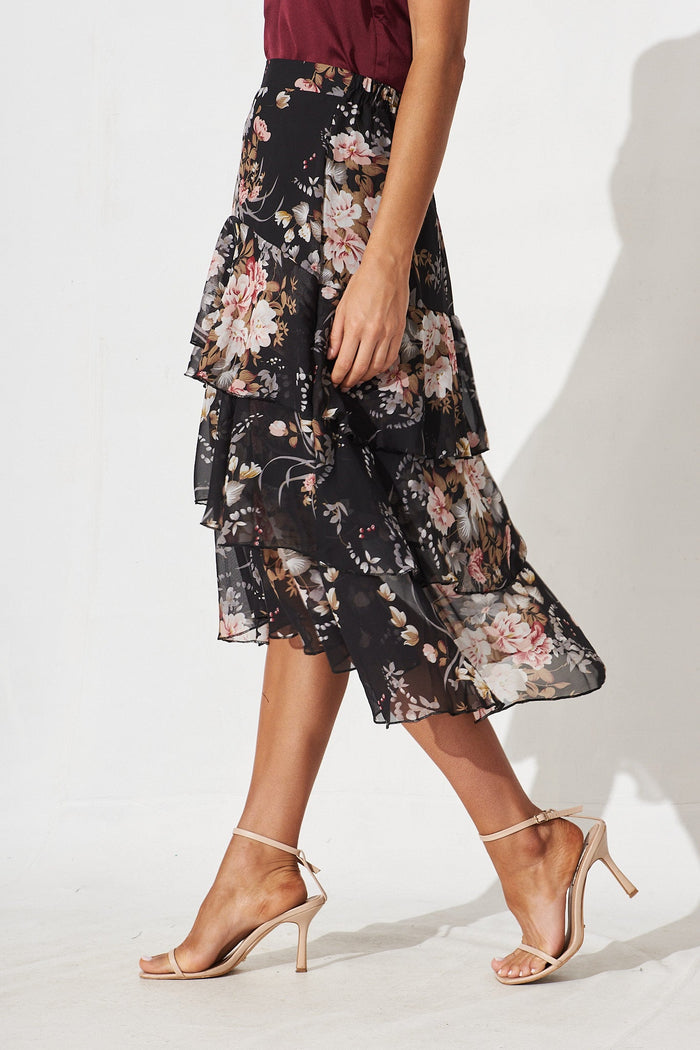 Monza Midi Skirt In Black Floral Chiffon - side