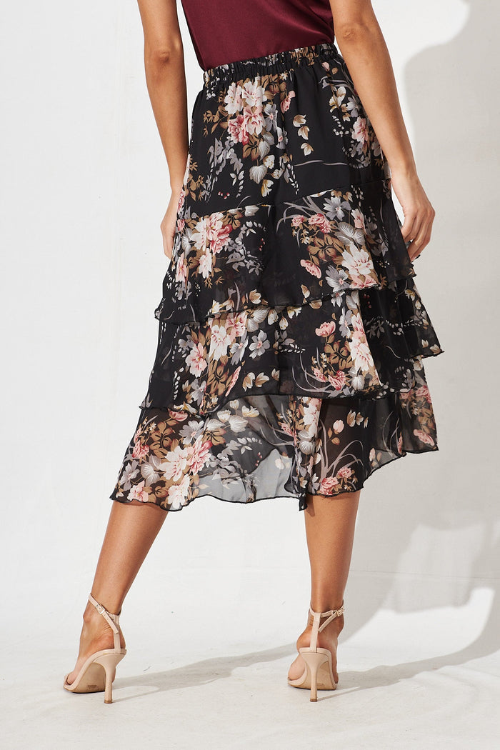 Monza Midi Skirt In Black Floral Chiffon - back