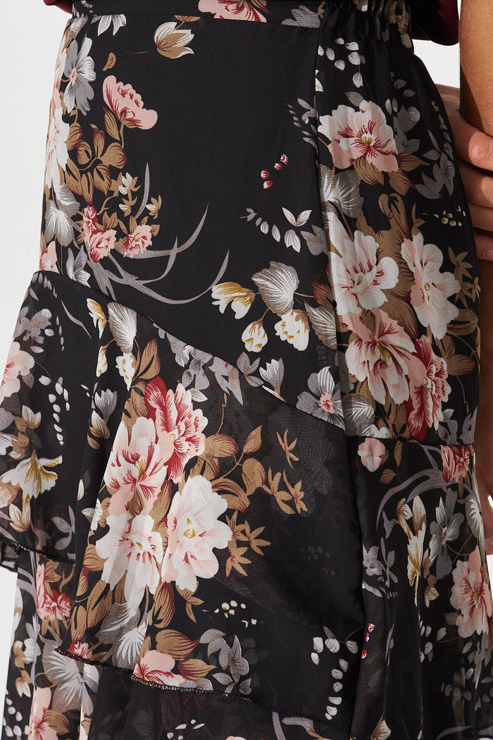 Monza Midi Skirt In Black Floral Chiffon - detail