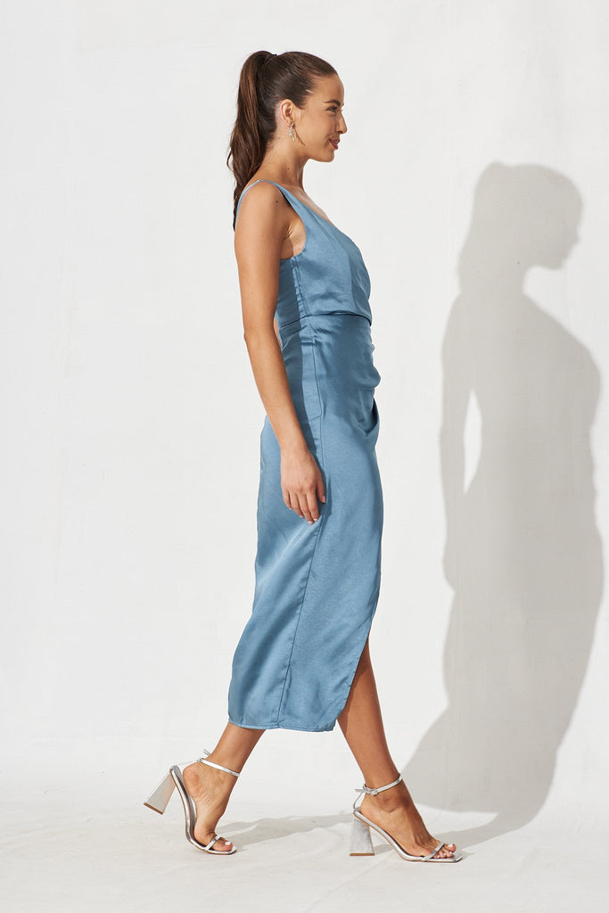Newquay Midi Dress In Blue Satin - right side