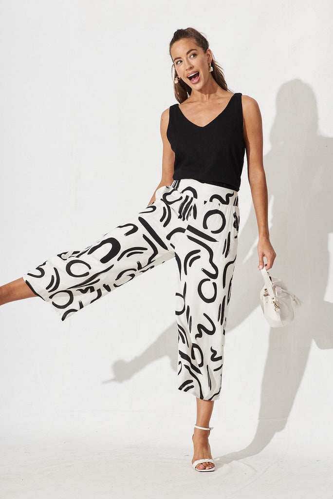 Macksville Pant In White With Black Print Linen Blend - full length