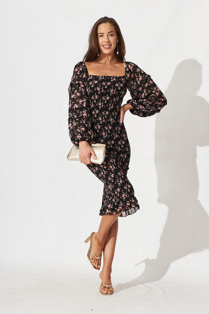 Aceline Shirred Midi Dress In Black With Pink Ditsy Floral Chiffon - St Frock (Dev)