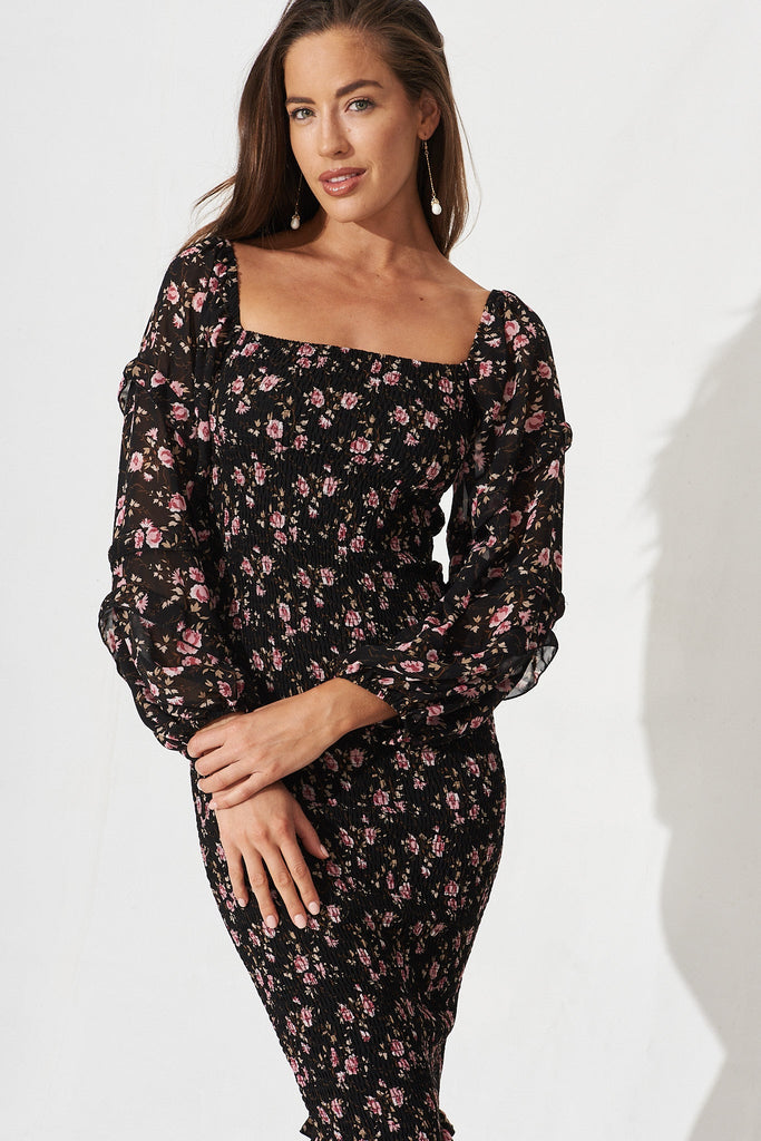 Aceline Shirred Midi Dress In Black With Pink Ditsy Floral Chiffon - St Frock (Dev)