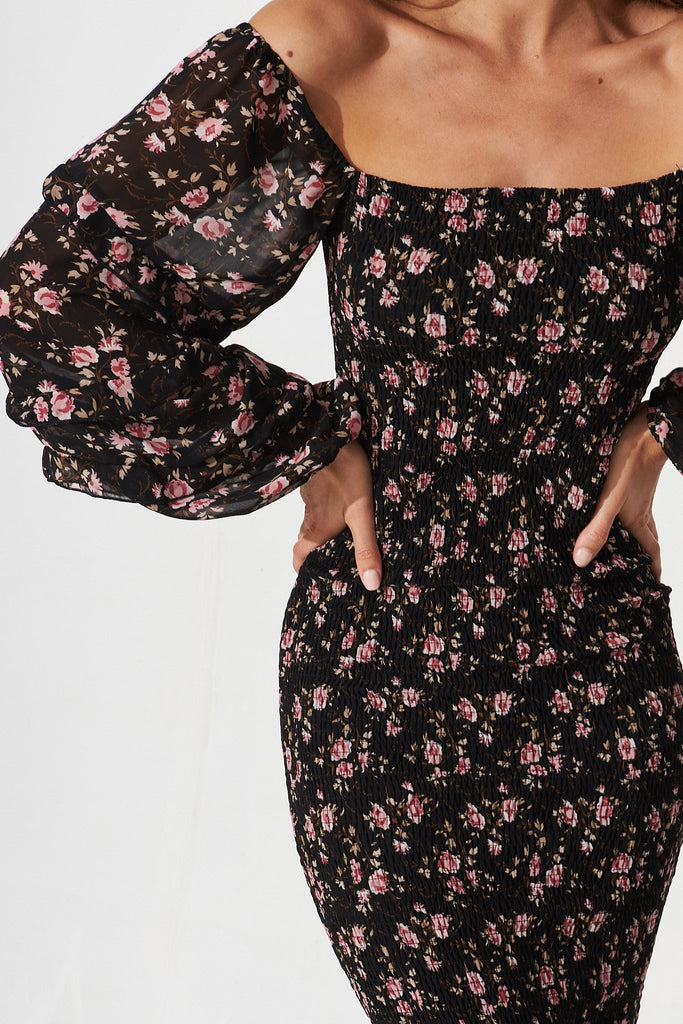 Aceline Shirred Midi Dress In Black With Pink Ditsy Floral Chiffon - St Frock (Dev)