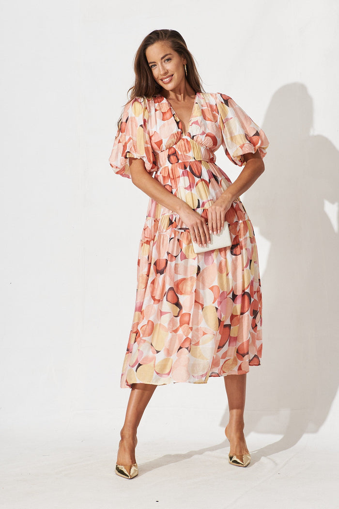 Amalie Midi Dress In Tangerine With Multi Print - full length