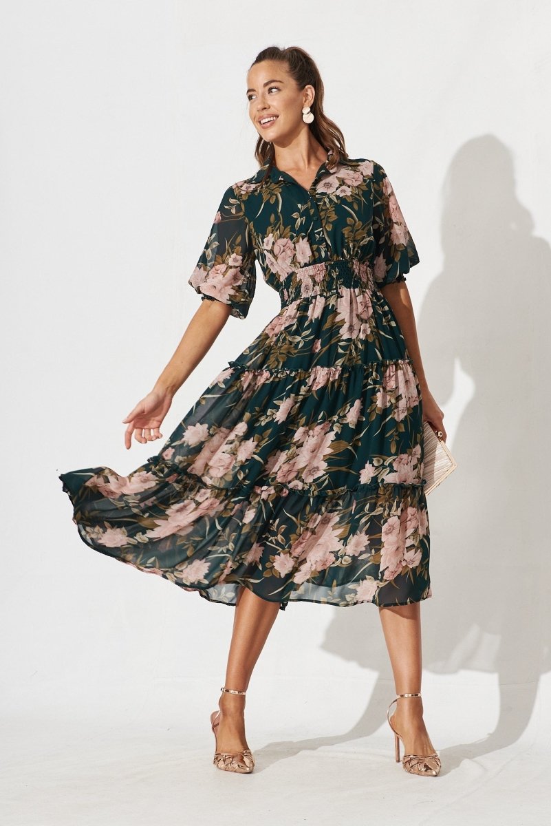 Brittney Maxi Dress In Emerald With Blush Floral Chiffon - St Frock (Dev)