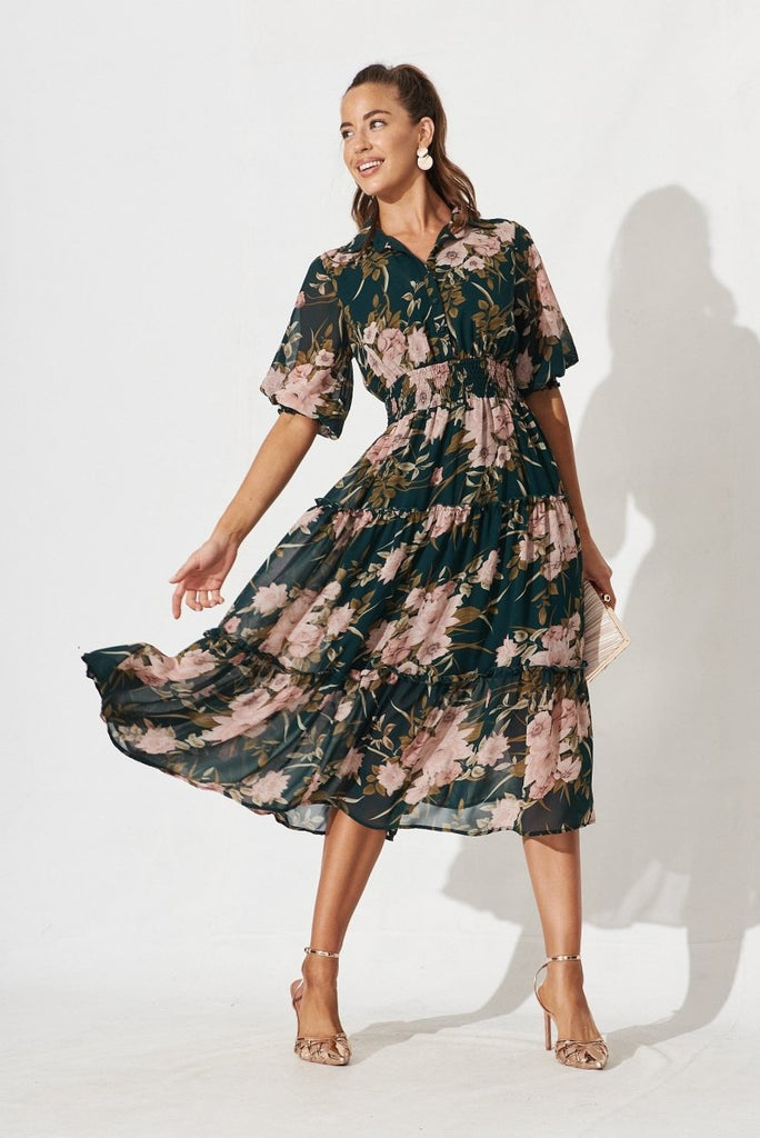 Brittney Maxi Dress In Emerald With Blush Floral Chiffon - St Frock (Dev)