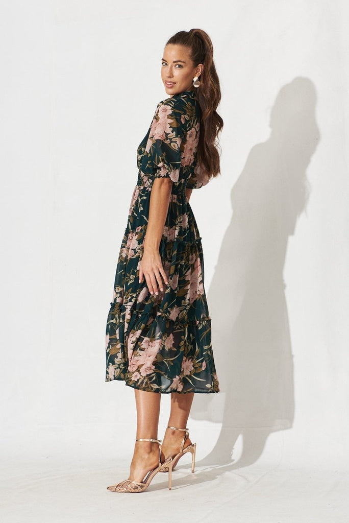 Brittney Maxi Dress In Emerald With Blush Floral Chiffon - St Frock (Dev)