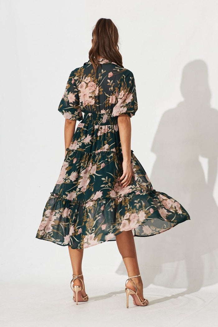 Brittney Maxi Dress In Emerald With Blush Floral Chiffon - St Frock (Dev)