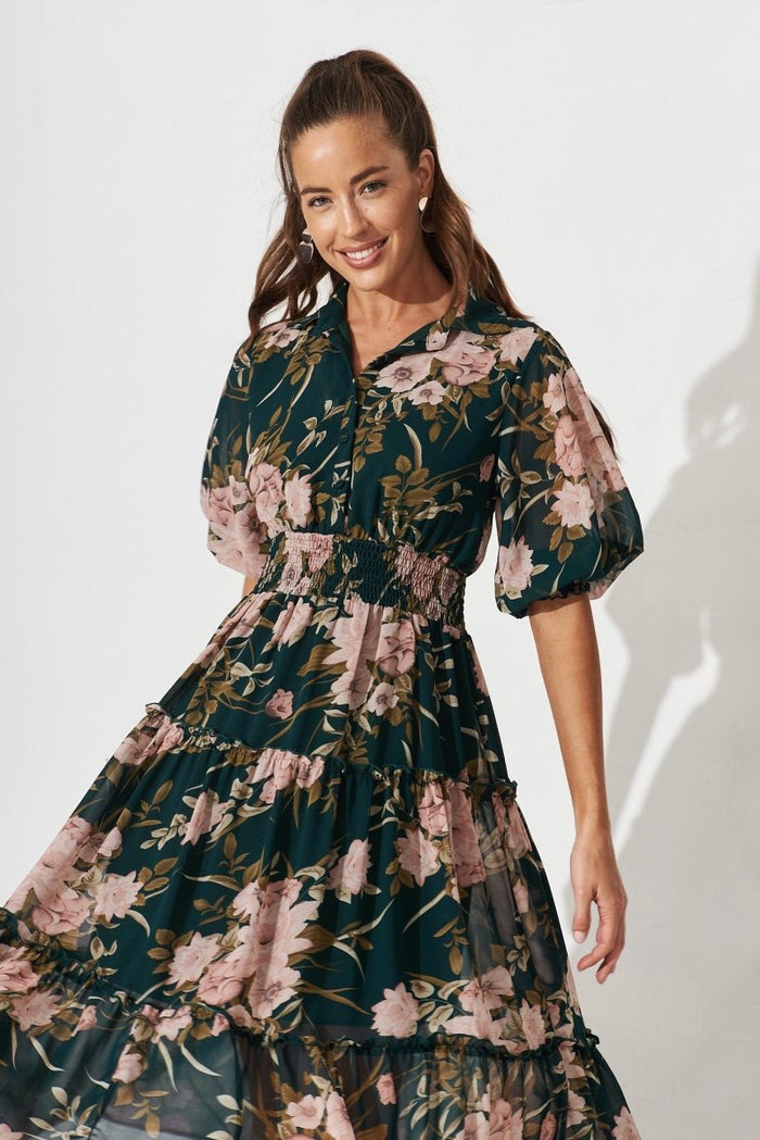 Brittney Maxi Dress In Emerald With Blush Floral Chiffon - St Frock (Dev)