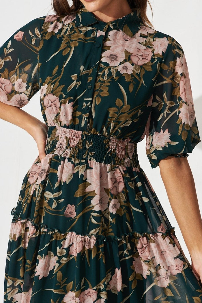 Brittney Maxi Dress In Emerald With Blush Floral Chiffon - St Frock (Dev)