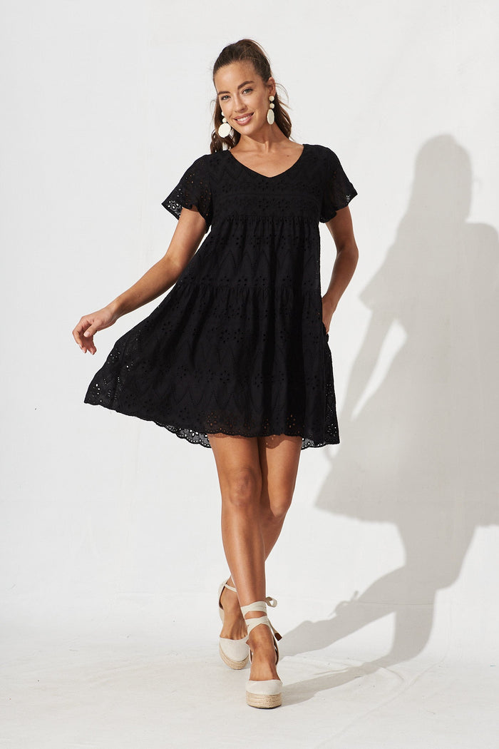 Lawson Dress In Black Cotton Broderie - full length