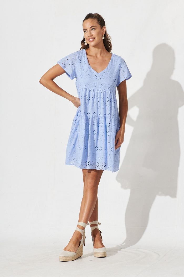 Lawson Dress In Sky Blue Cotton Broderie - full length