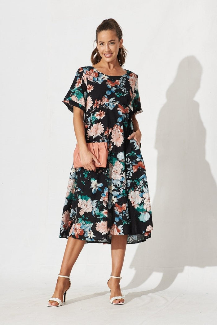 Chalton Midi Dress In Black Floral Cotton - St Frock (Dev)