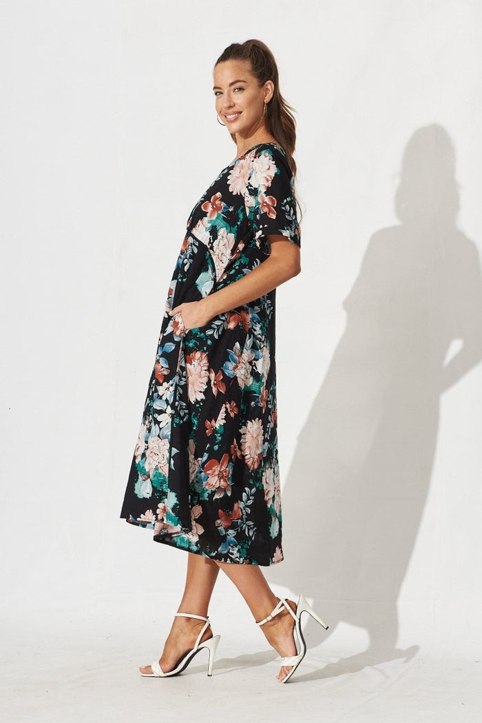 Chalton Midi Dress In Black Floral Cotton - St Frock (Dev)